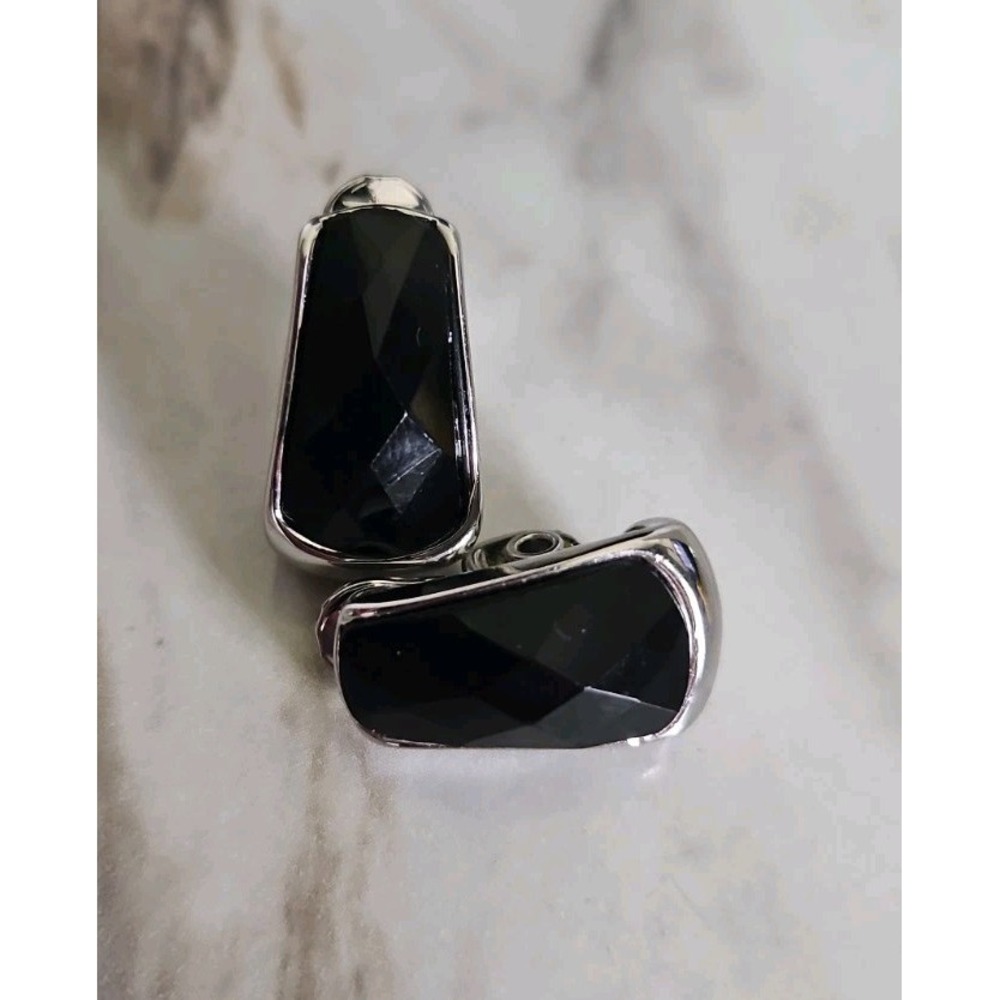 HMN black Faceted Rhinestone Silver Accent Clip On Earrings